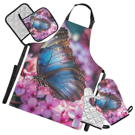 Morpho Butterfly on Flowers 5 Pcs Kitchen Set Heat Resistant Oven Mitts and Non-Slip Pot Holders with Adjustable Cooking Apron