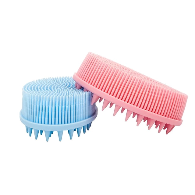 2Pack Silicone Body Scrubber and Hair Shampoo Brush, 2 in 1 Bath and Shampoo Brush, Scalp Back Massager,Exfoliating Silicone Loofah Shower Kit for Wet and Dry Use (Pink and Blue)