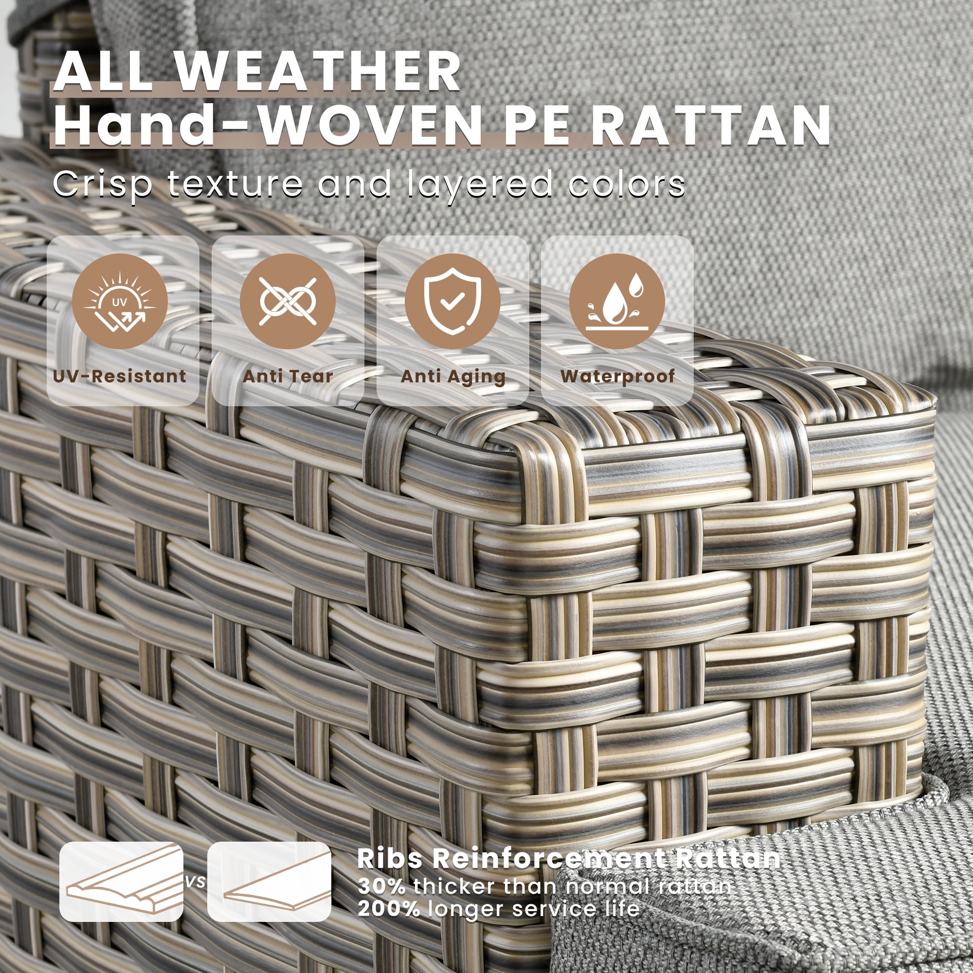 Vcatnet 8 Pieces Outdoor Patio Furniture Sectional Sofa PE Rattan Wicker Conversation Set with Solar Powered Coffee Table for Porch, Backyard, Dark Gray
