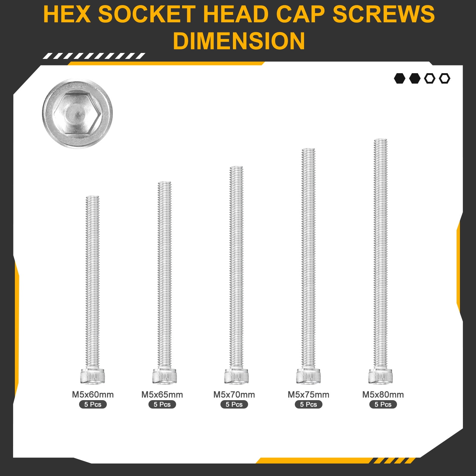 Uxcell M5x0.8x60/65/70/75/80 Hex Socket Head Cap Screws Blots - 35Pack - 304 Stainless Steel Machine Screw Bolt - Silver