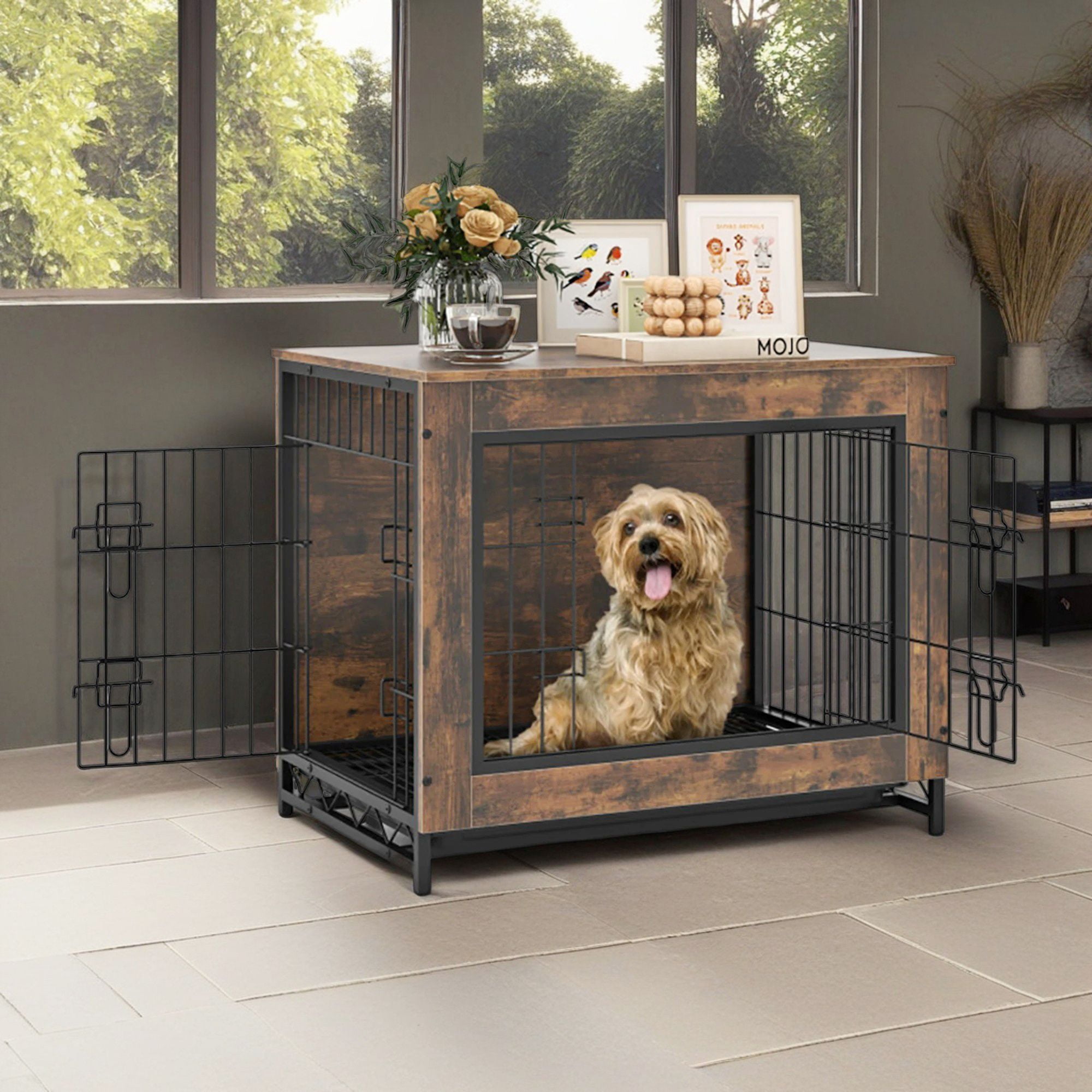Demi Bonn 27" Dog Crate Furniture, Indoor Dog Kennel with Double Lockable Doors and Removable Tray, Decorative Pet Cage Dog House, Brown