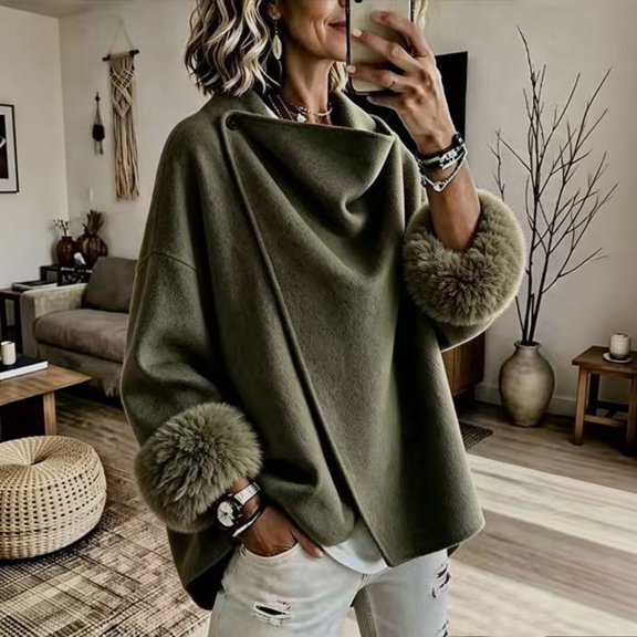 Coats For Women Short Fuzzy Cuff Draped Collar Loose Fit Outerwear Solid Color Long Sleeve Casual Jacket For Fall Winter
