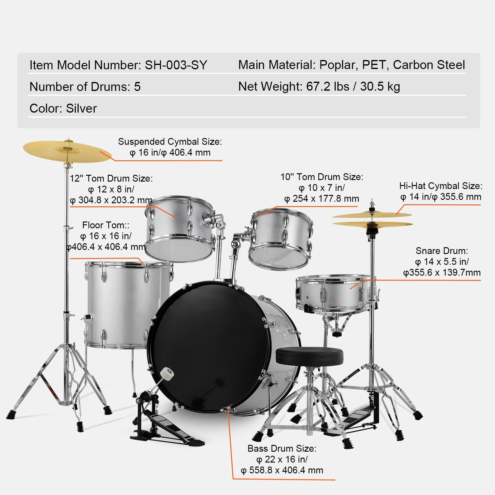 Adult Drum Set, 5-Piece, 22 inches Complete Full Size Drum Kit with Bass Toms Snare Floor Drum Adjustable Throne Stands Cymbal Hi-Hat Pedal and Drumsticks, Beginner Drum Kit for Adults, Silver