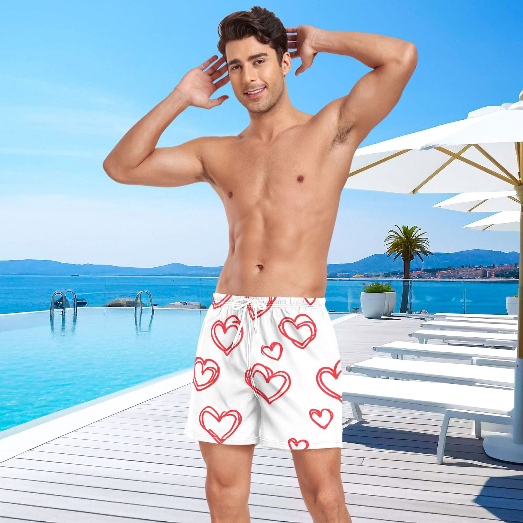 joogoo Men's Hearts Love Swim Trunks with Liner Pocket Beach Shorts Large