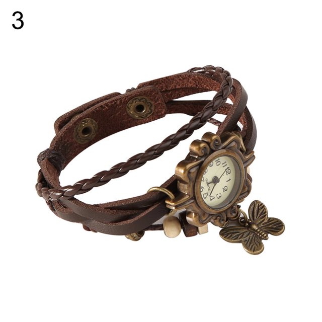 Womens Retro Faux Leather Bracelet Butterfly Decoration Quartz Wrist Watch