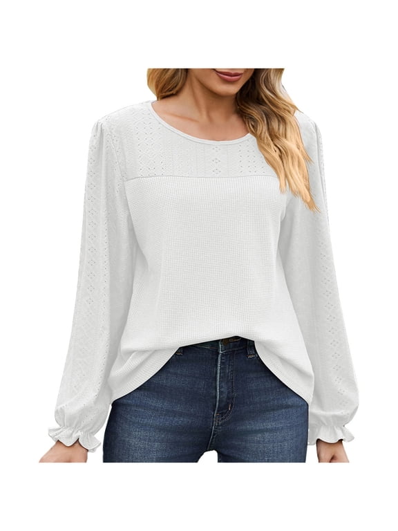 Timegrad Blouses for Women Scoop Neck Eyelet Ruffle Long Sleeve Tops Dressy Casual Loose Comfy Shirt