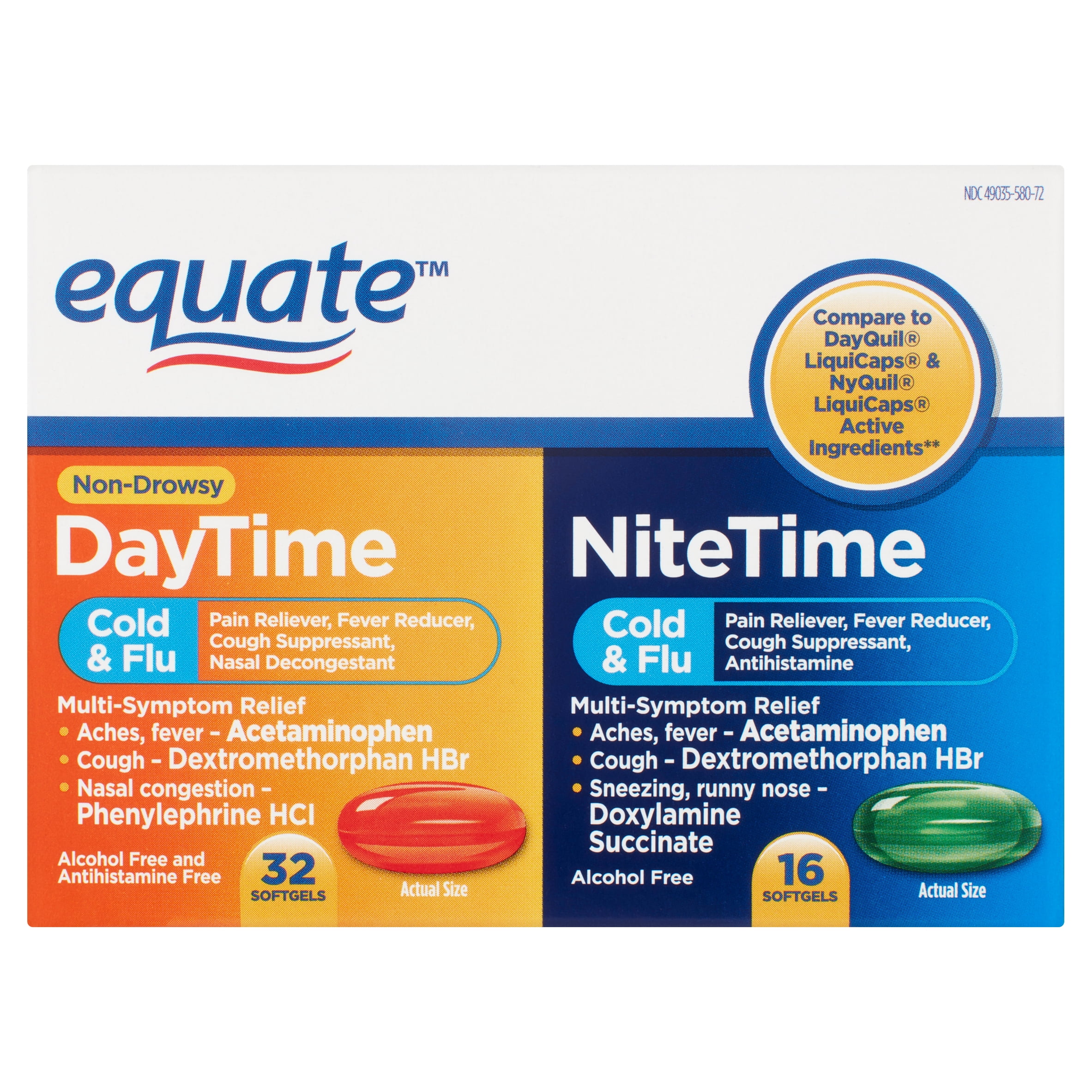 Equate Cold & Flu Relief Multi-Symptom Daytime/Nighttime Combo Pack Softgels; Cold Medicine 48 Count