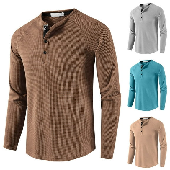 Fengqque Men's Quarter Button Round Neck Long Sleeve Loose Solid Color Shirt Fashion Casual Pullover Shirts Khaki 10(XL)