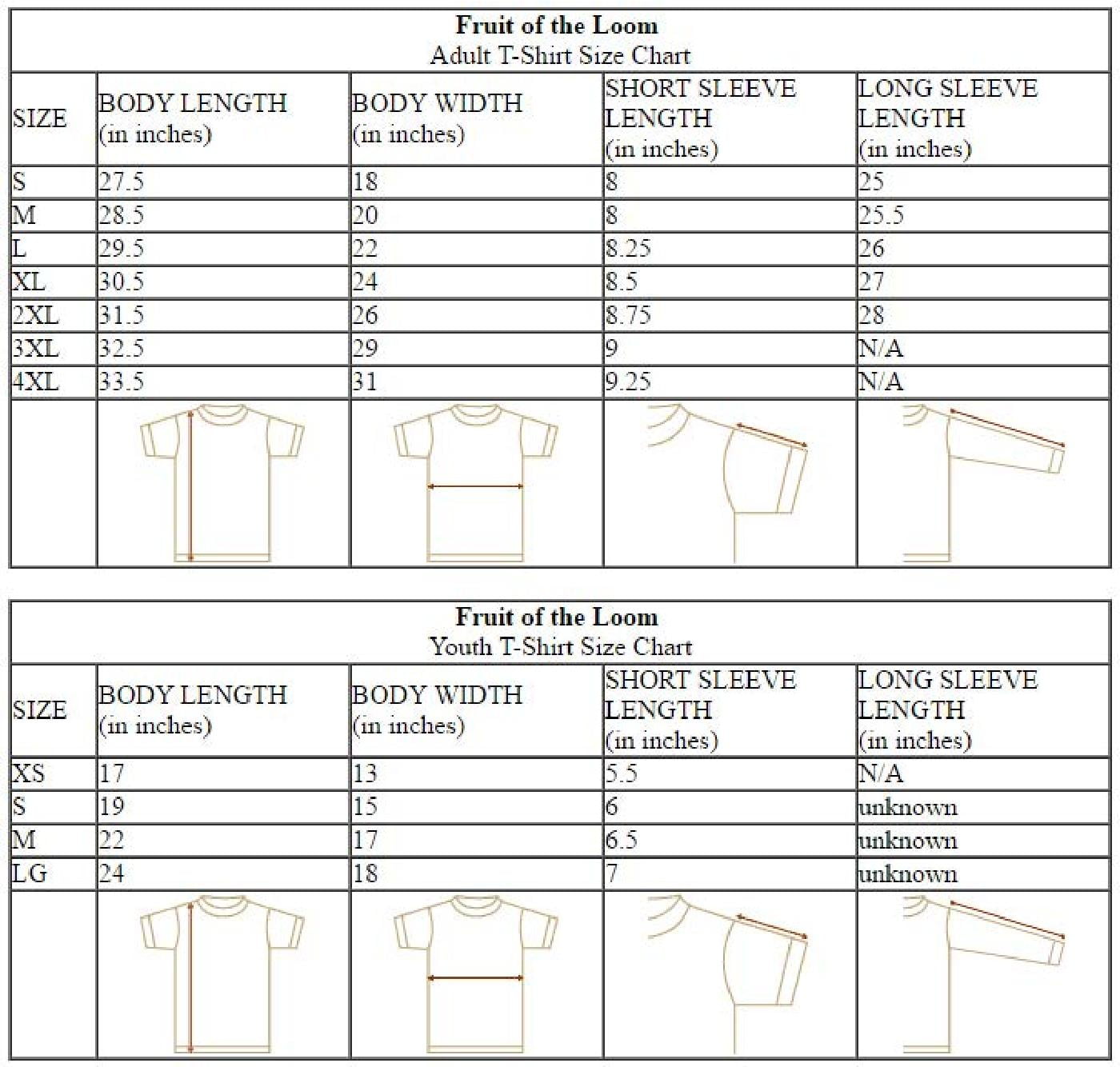 Fruit Of The Loom Size Chart Inches