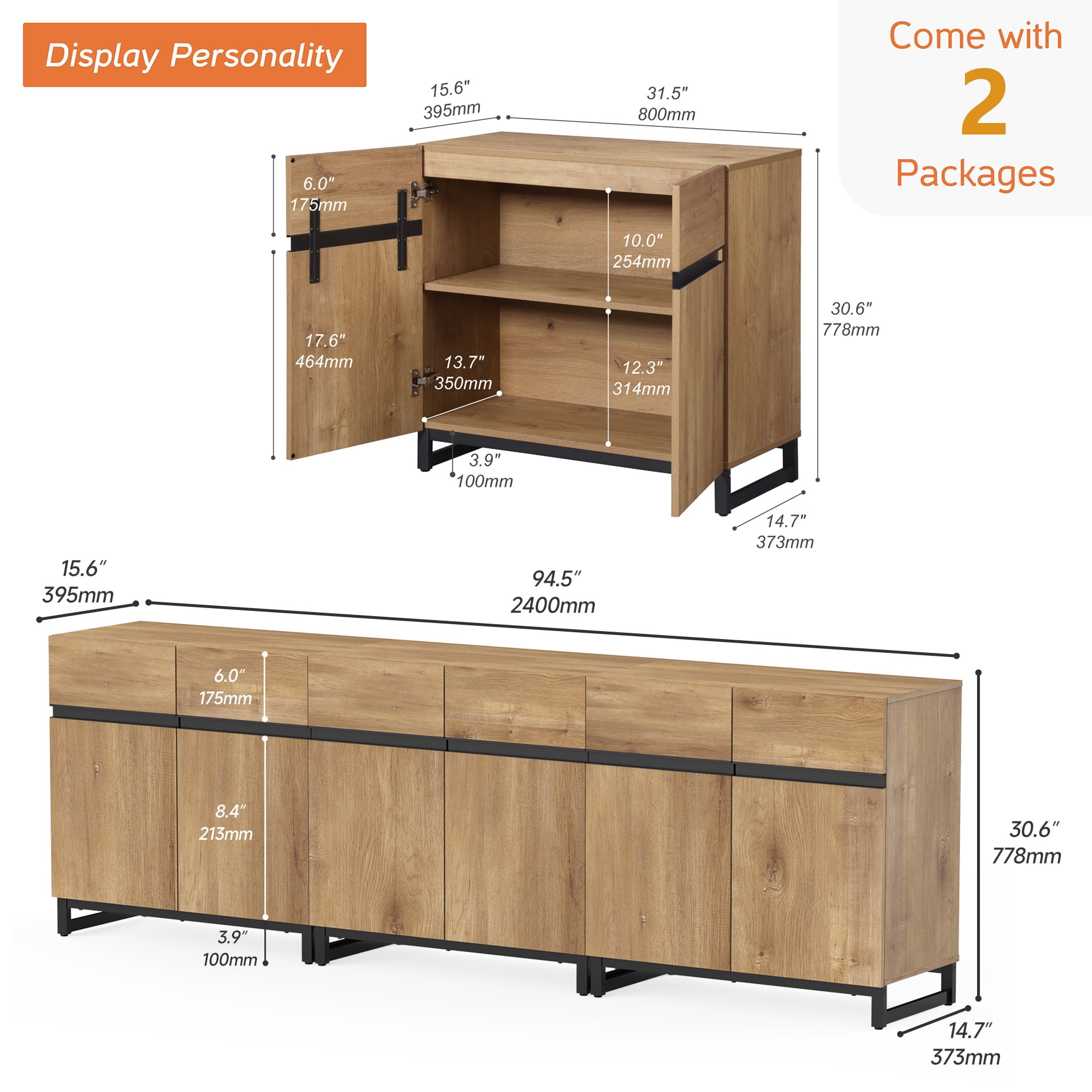 WAMPAT 94.5" TV Stand with Doors,Modern TV Stand for TVs up to 110 Inch,3 Packs Wood Entertainment Center with Adjustable Shelves & Metal Base.