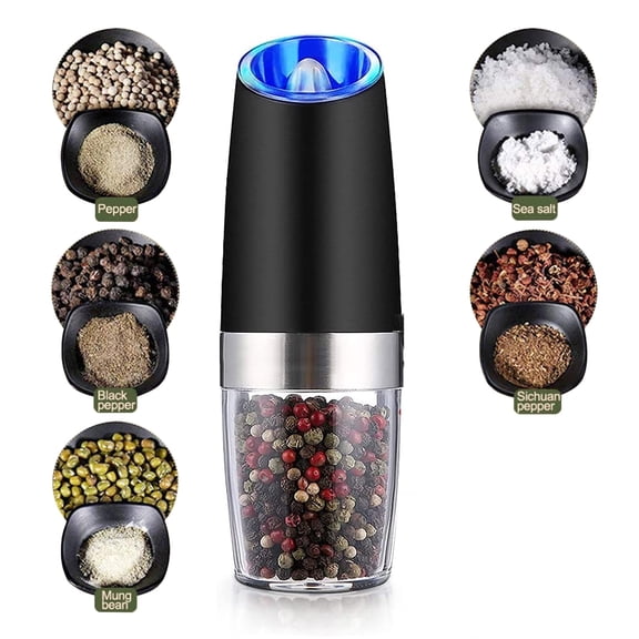 Hengbo Gravity Electric Pepper and Salt Grinder Set Adjustable Coarseness, Battery Powered with LED Light One Hand Automatic Operation (Black)