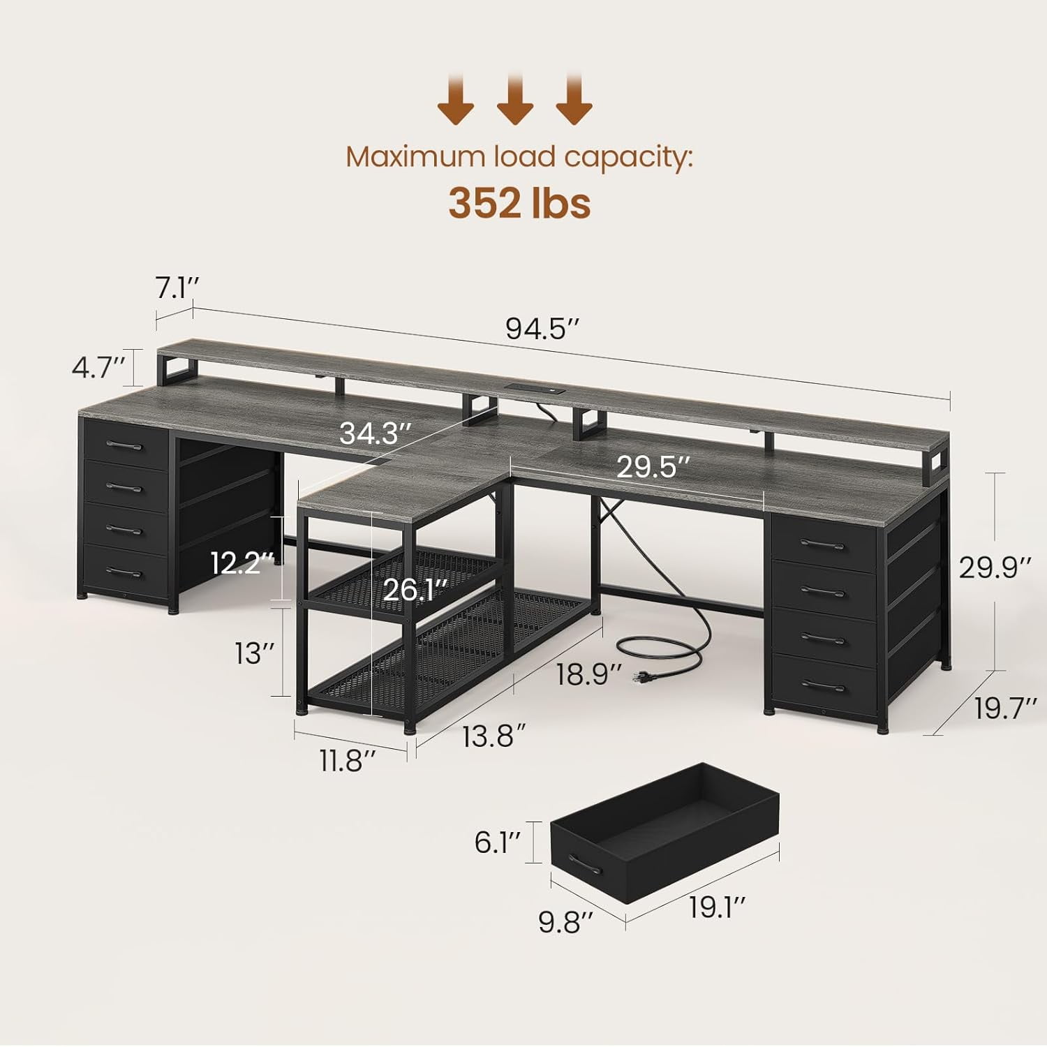 2 Person Desk with Storage, 94.5" Long Desk with 8 Drawers and Open Shelves, Home Office Desk with Monitor Stand and Power Outlets, Gaming Desk Dual Person Desk with LED Lights, Grey