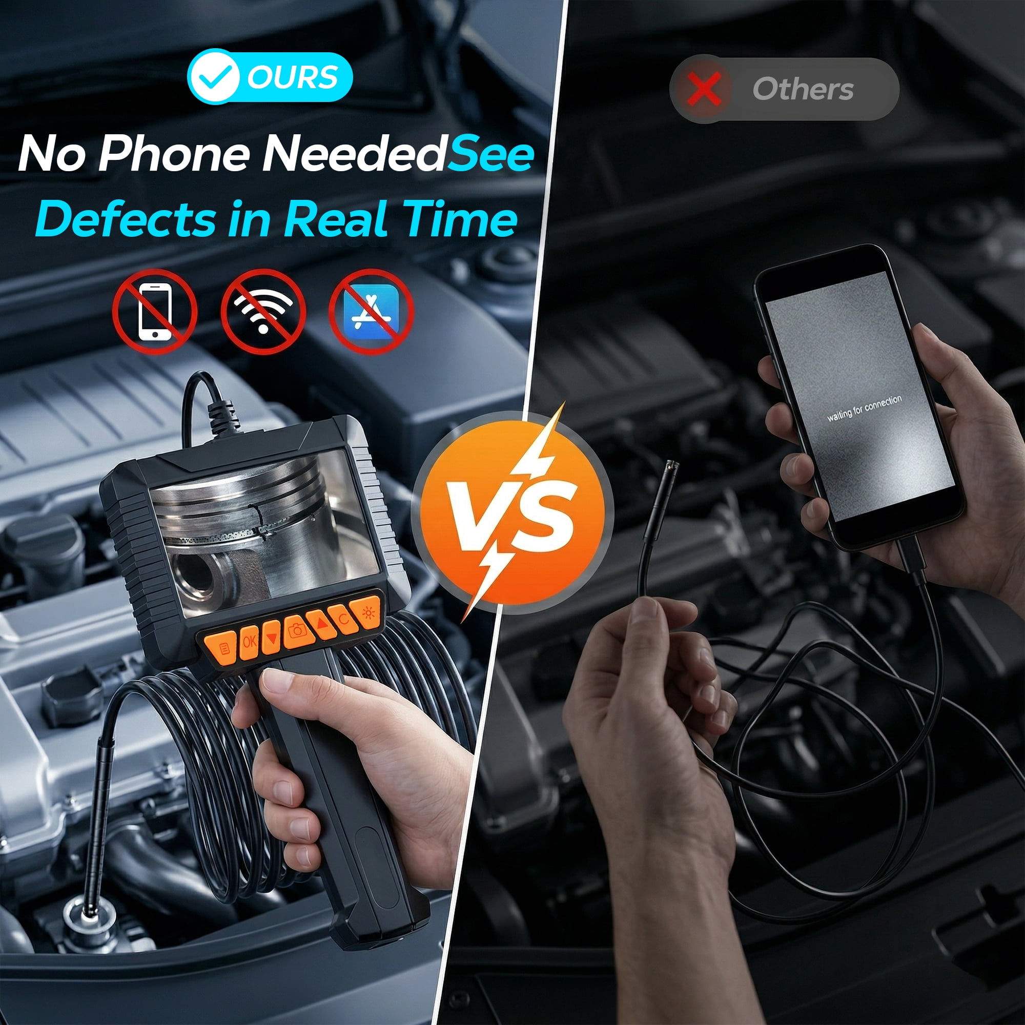 FLORAY 4.3" Borescope Inspection Camera with Light, 1080P HD Endoscope Snake Camera, 16.5 ft Semi-Rigid Cable, IP67 Waterproof, 2600mAh Rechargeable Battery, Photo Capture Function