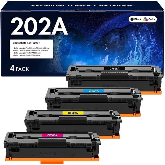 202A Toner Cartridges Compatible for 202A 202X CF500A CF500X Color LaserJet Pro MFP M281fdw M281cdw M254dw M281fdn M281 M254 CF501A CF502A CF503A Printer Ink (Black Cyan Yellow Magenta, 4-Pack)