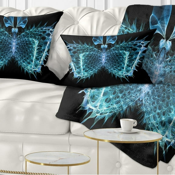 Designart Blue Fractal Butterfly in Dark - Abstract Throw Pillow - 12x20