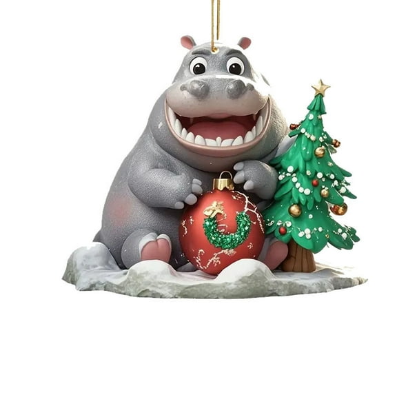 Btomtd Flat Car Pendant Hippopotamus Ornaments, Cute Christmas Tree Pendant for Holiday, Hanging Decoration with Acrylic, Hippo Themed Decor and Ornaments, Multicolor
