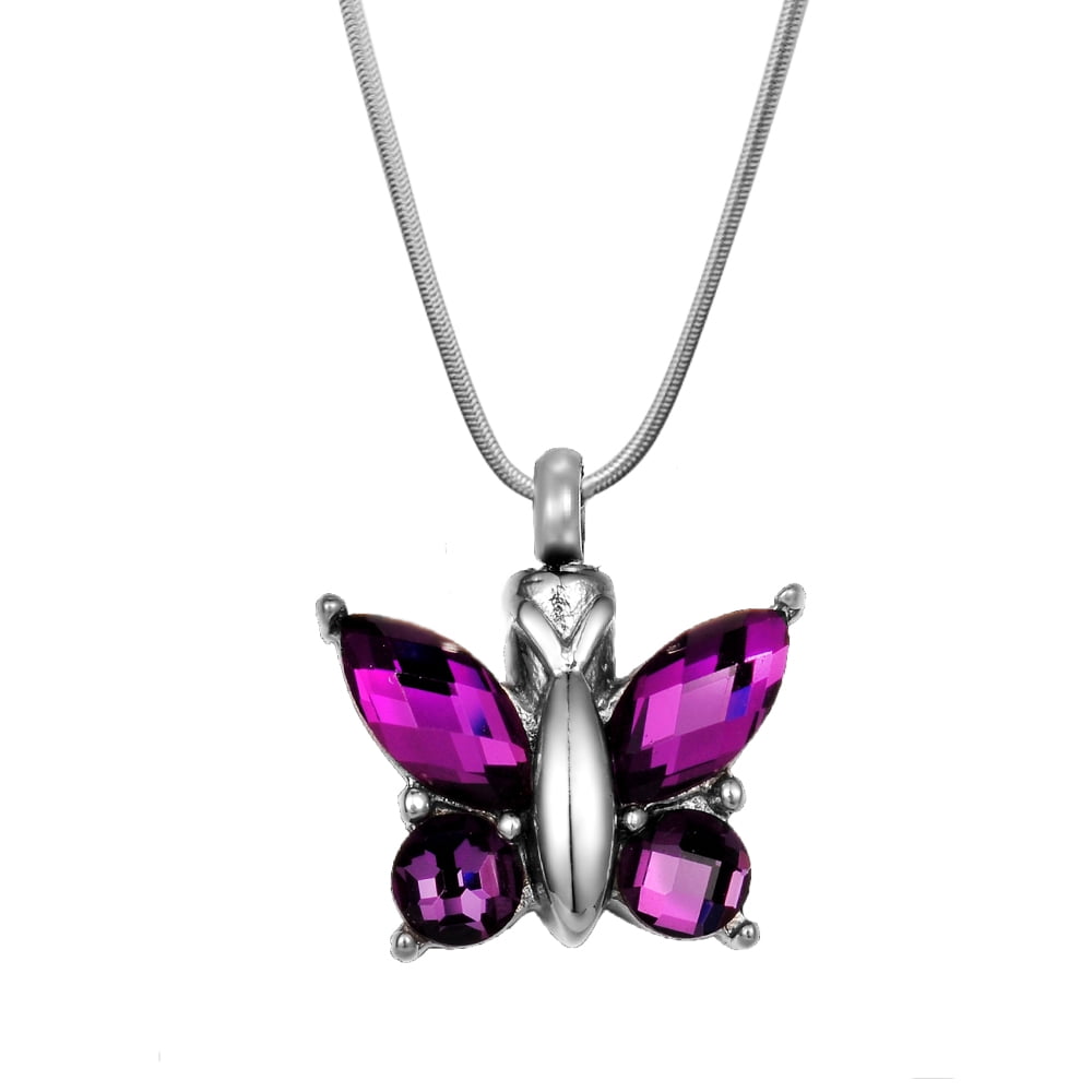 Insect Animals Memorial Cremation Jewelry Urn Ashes Holder Necklace (Purple Crystal Butterfly)