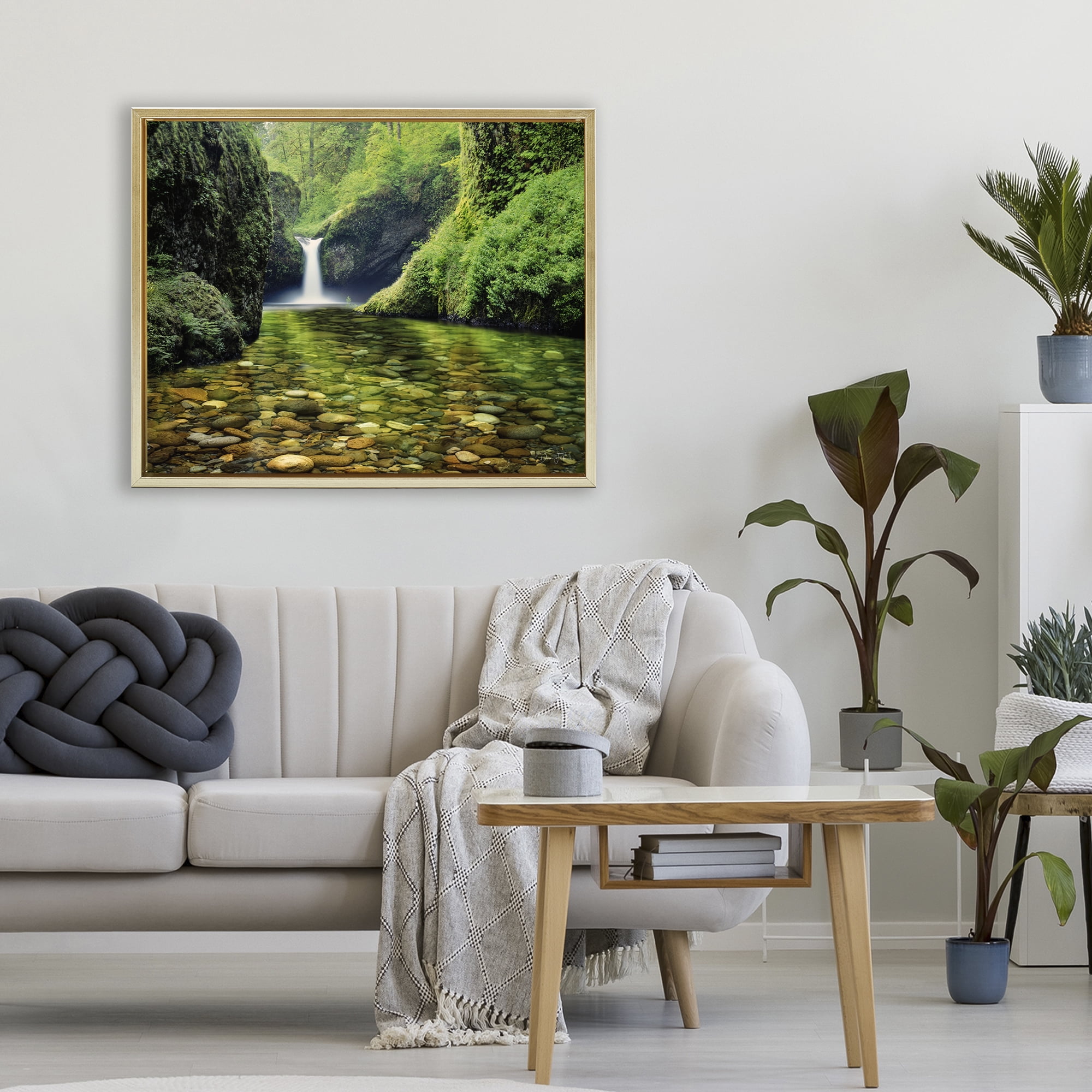 Stupell Industries Punchbowl Falls in Emerald Forest Gold Framed Floater Canvas Wall Art, design by Dennis Frates