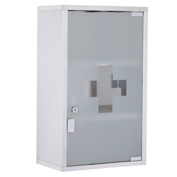 Wall Mounted Medicine Cabinet, Locking Wall Cabinet with 4 Tier Shelves, Stainless Steel Frame and Glass Door, Lockable,11.75" x 7" x 19.75"
