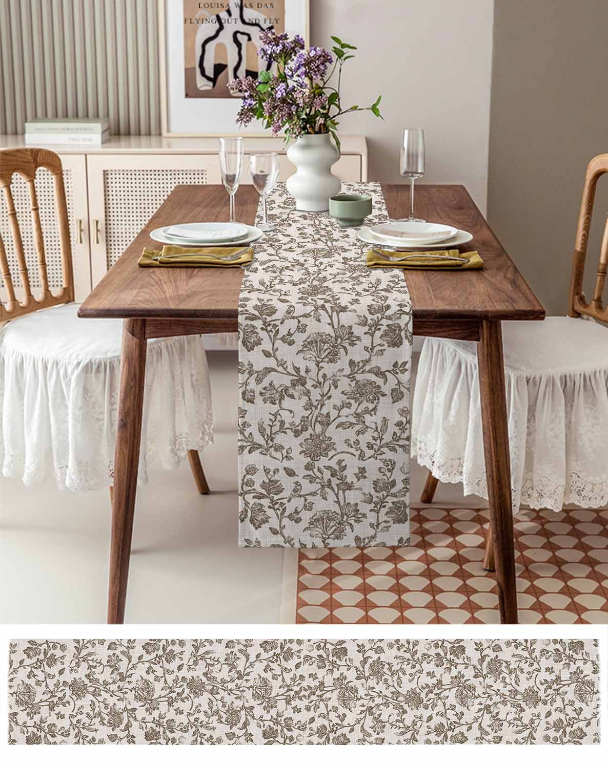 Farmhouse Brown Burlap Cotton Table Runner 13x70 Inches Long, Vintage Flower Leaf Botanical Plant Farmhouse Table Runners, Outdoor Dining Tablecloths Decor for Baby Shower/Party/Wedding