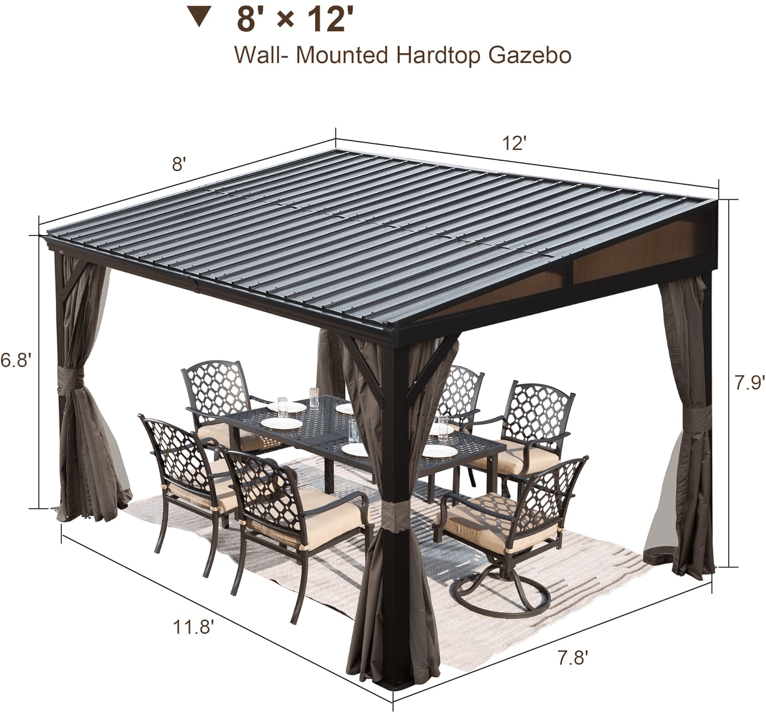 TOTAL Outdoor 8' x 12' Wall-Mounted Hardtop Gazebo with Galvanized Steel Roof, Aluminum Frame, Curtains and Netting,Ideal for Patio, Deck, Garden, and Backyard