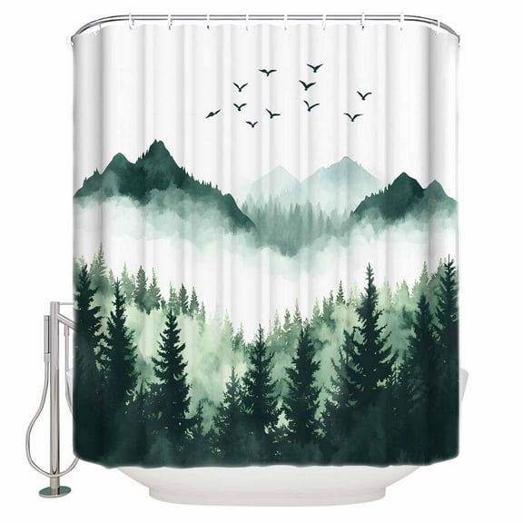 Small Stall Shower Curtain 48x72 Inch Narrow Half Size Mist Forest Mountain Bath Curtains Bathroom Decor Watercolor Plant Nature Landscape Waterproof Fabric Shower Curtain Set with Hooks 48 Inch