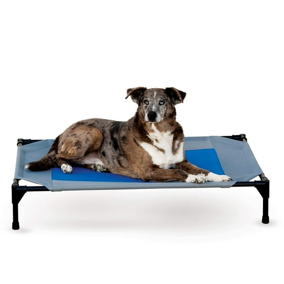 K&H Pet Products Coolin' Pet Cot, Outdoor Cooling Elevated Dog Cot for Large Dogs, Raised Bed with Cool-Core Center, Portable Pet Platform with Heavy-Duty Metal Frame - Large Gray/Blue