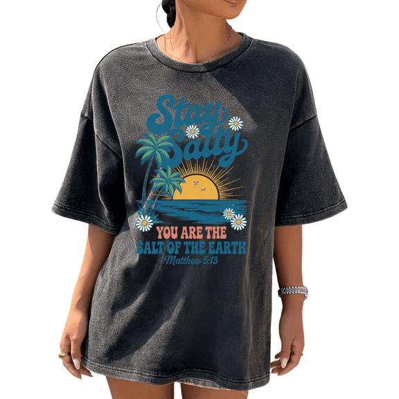 Washed Black Stay Salty Beach With Daisies Graphic Tees Print Tshirt Casual Shirts For Women Christian Faith And Summer Wear Tops S-2XL