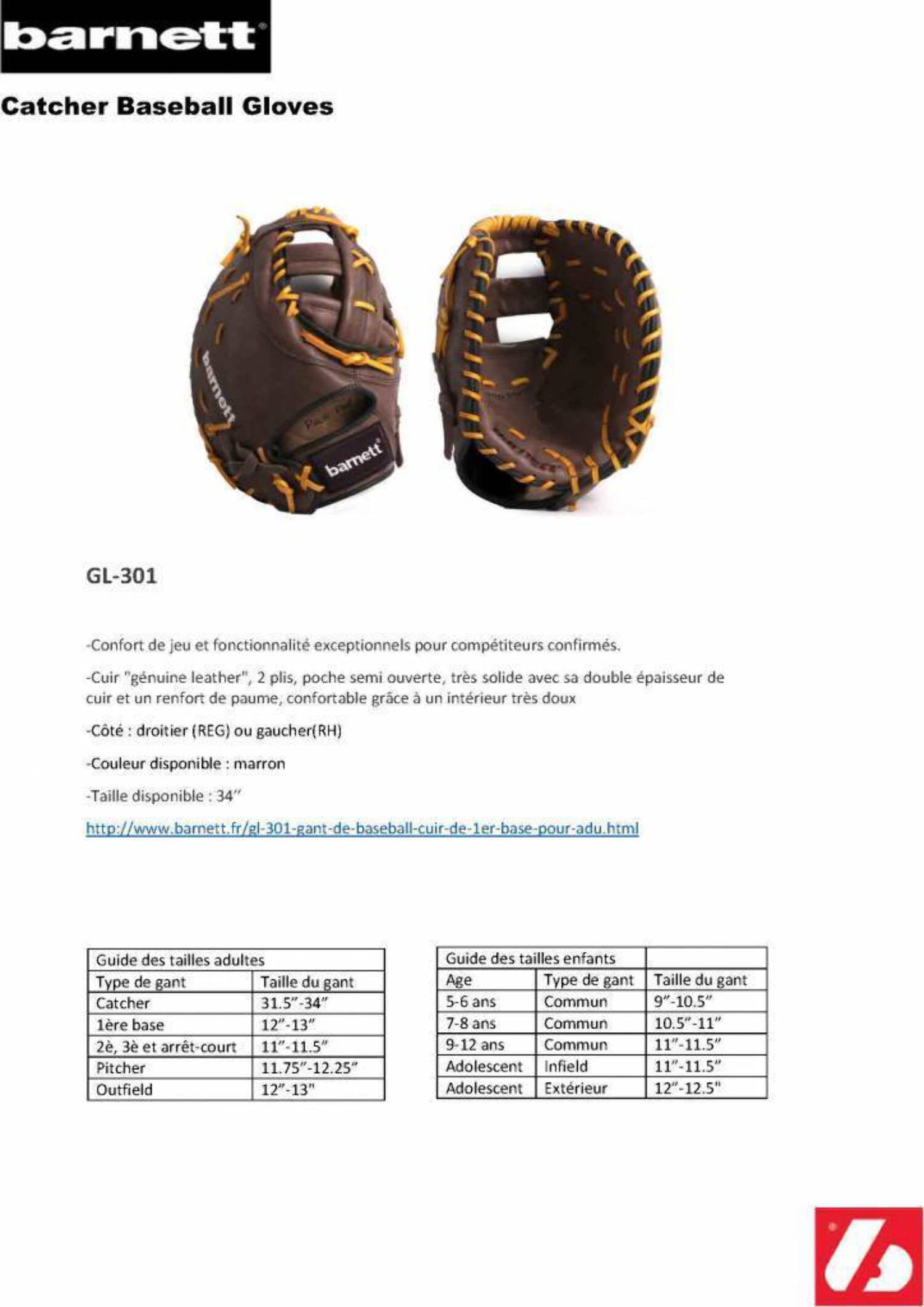 Barnett GL-301 Competition, First Base, Baseball Glove, Genuine Leather, Right Hand Throw
