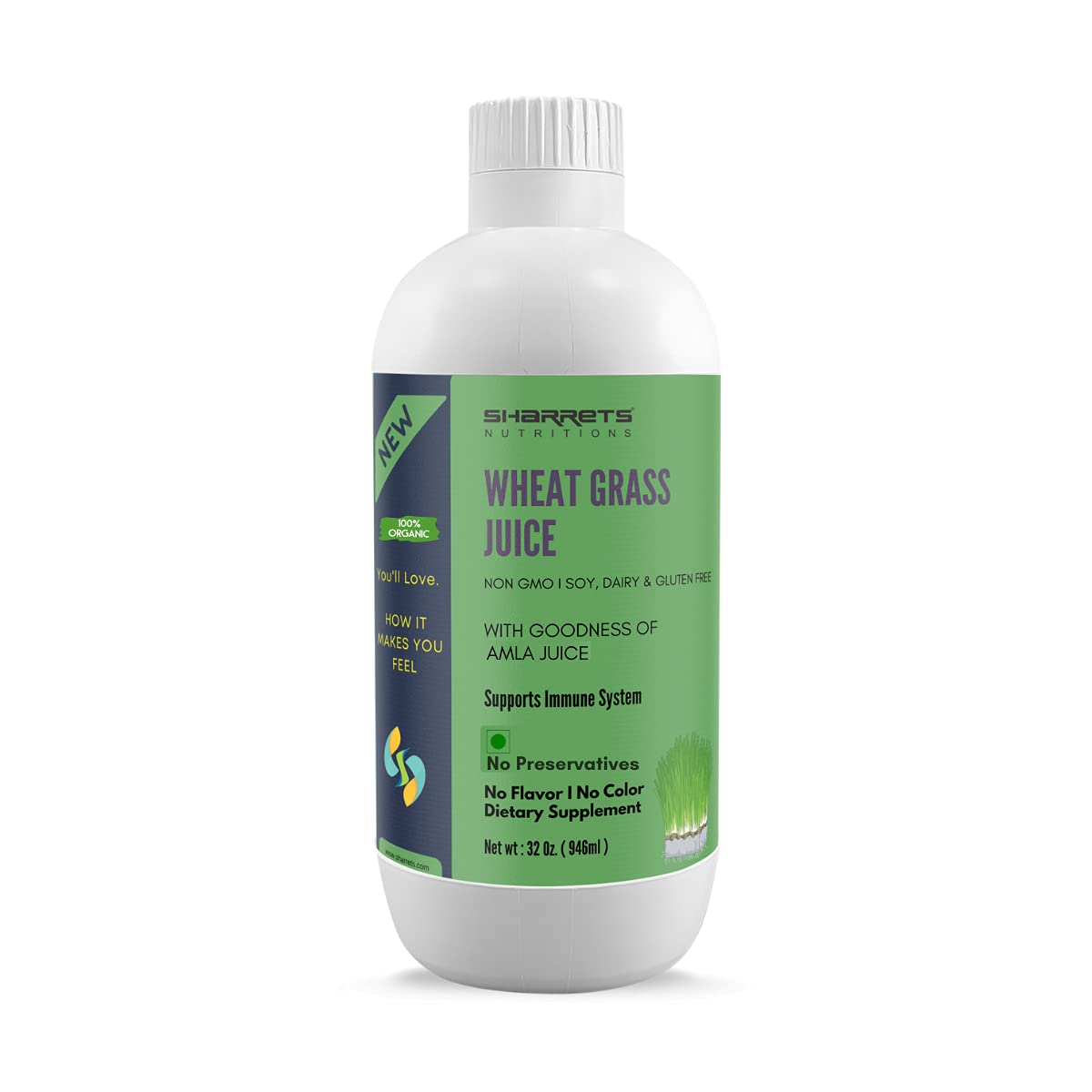 Sharrets Organic Wheatgrass Juice 946Ml For Immunity Metabolism Energy