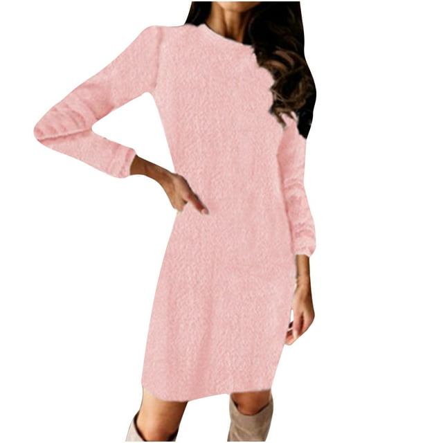 Sweater Dress for Women Long Sleeve Autumn and Winter Women Causal Solid Long Sleeve Loose O-Neck Hairy Sweater Pullover Dress Long Sleeve Dress for Women Winter