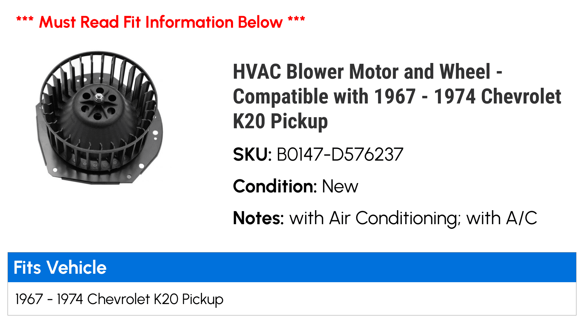 HVAC Blower Motor and Wheel - Compatible with 1967 - 1974 Chevy K20 Pickup 1968 1969 1970 1971 1972 1973