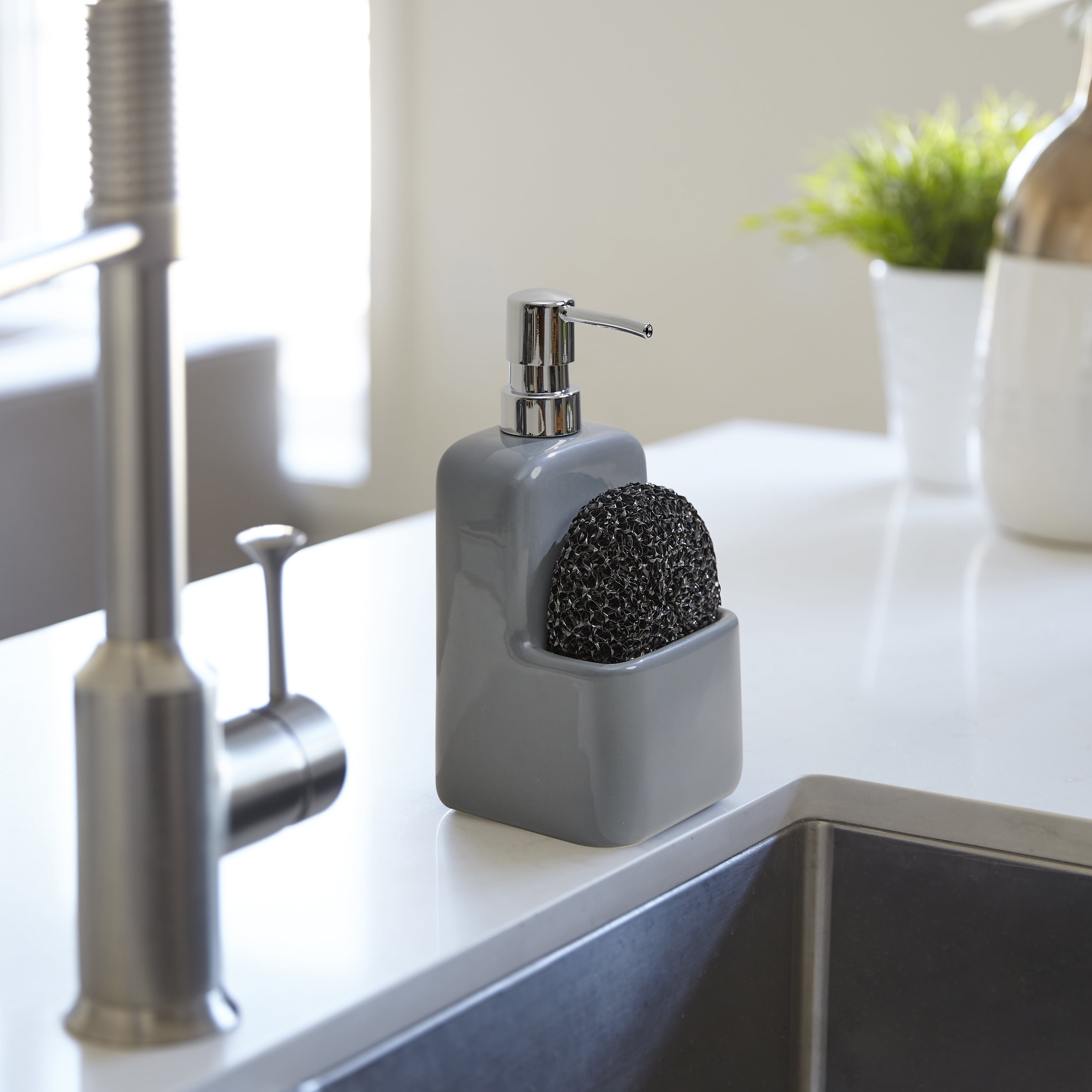 Mainstays Liquid Soap Pump with Sponge Caddy, Gray Ceramic, Single, Well Suited to Kitchen Organization and Accessibility