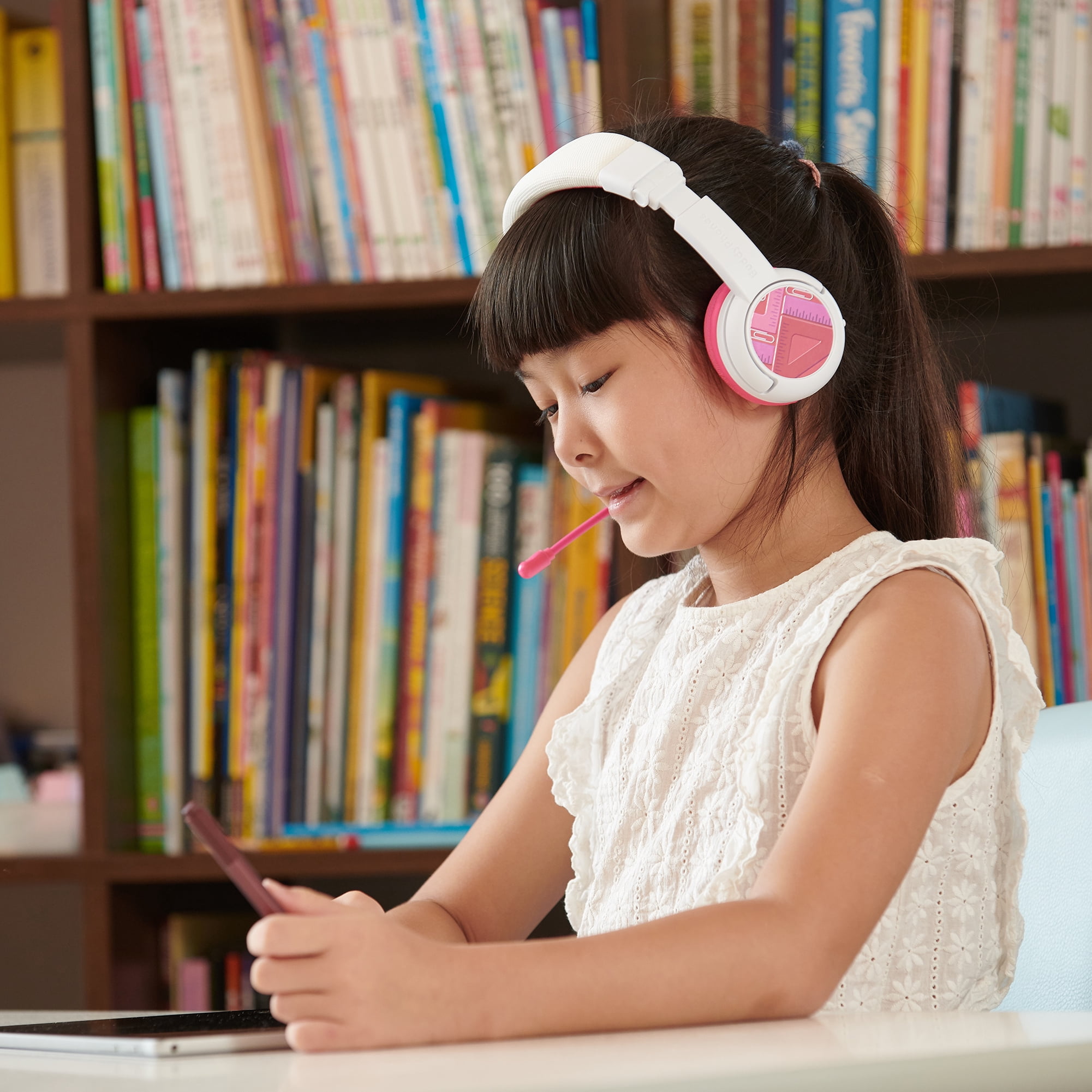BuddyPhones School+ Wireless, On-Ear Bluetooth Foldable Kids Headphones with Detachable Boom Mic, 3 Volume Limiting Settings, Voice Enhance StudyMode, 20-Hrs Battery, Customizable Stickers, Pink