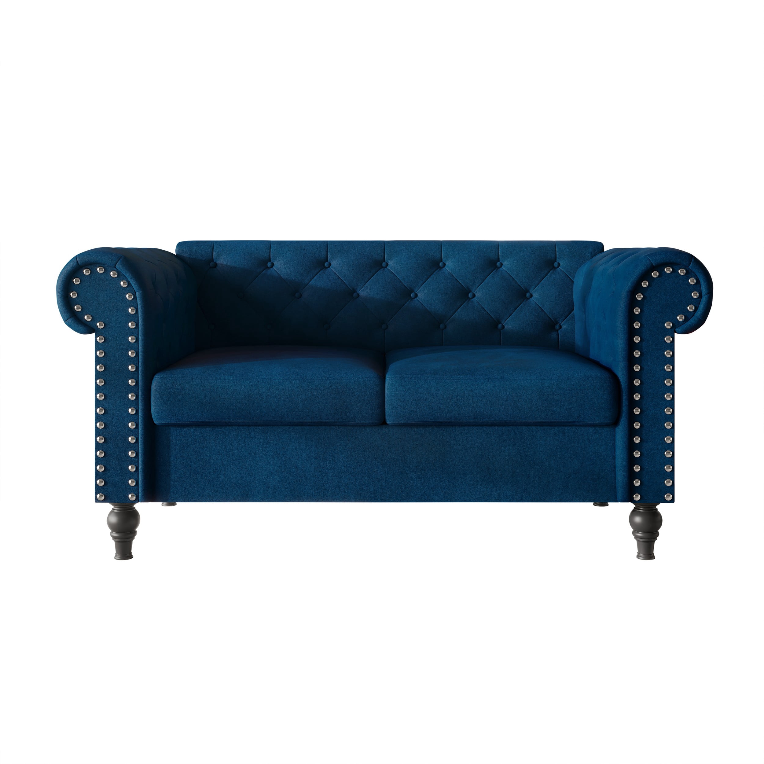 Home Design Kelso 3-Piece Velvet Living Room Set With Rolled Arm Chair, Loveseat and Sofa, Deep Button Tufting and Turned Legs, Blue