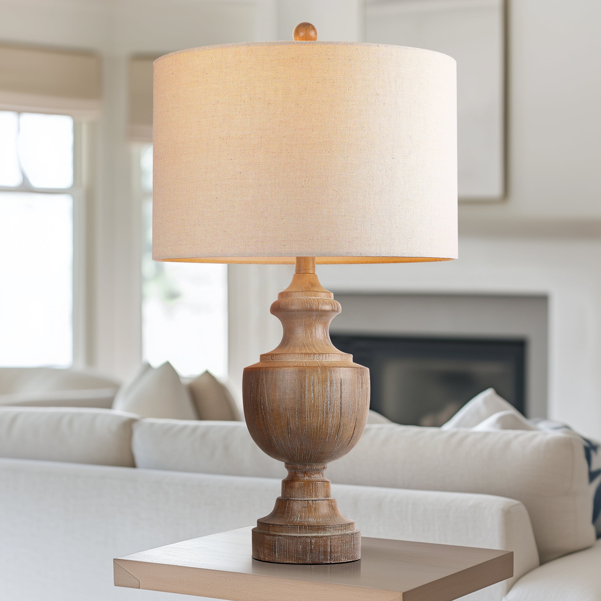 26.8" Large Brown Resin Table Lamp, Farmhouse Bedside Lamp Trophy Shaped End Lamp with Linen Shade 9W LED Bulb for Living Room Study
