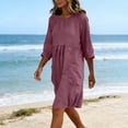 thumbnail image 5 of Linen Dresses for Women 2026 Cotton Midi Dress 3/4 Sleeve Crewneck Pleated Loose Fit with Pockets Summer Vacation(Purple,XL), 5 of 6