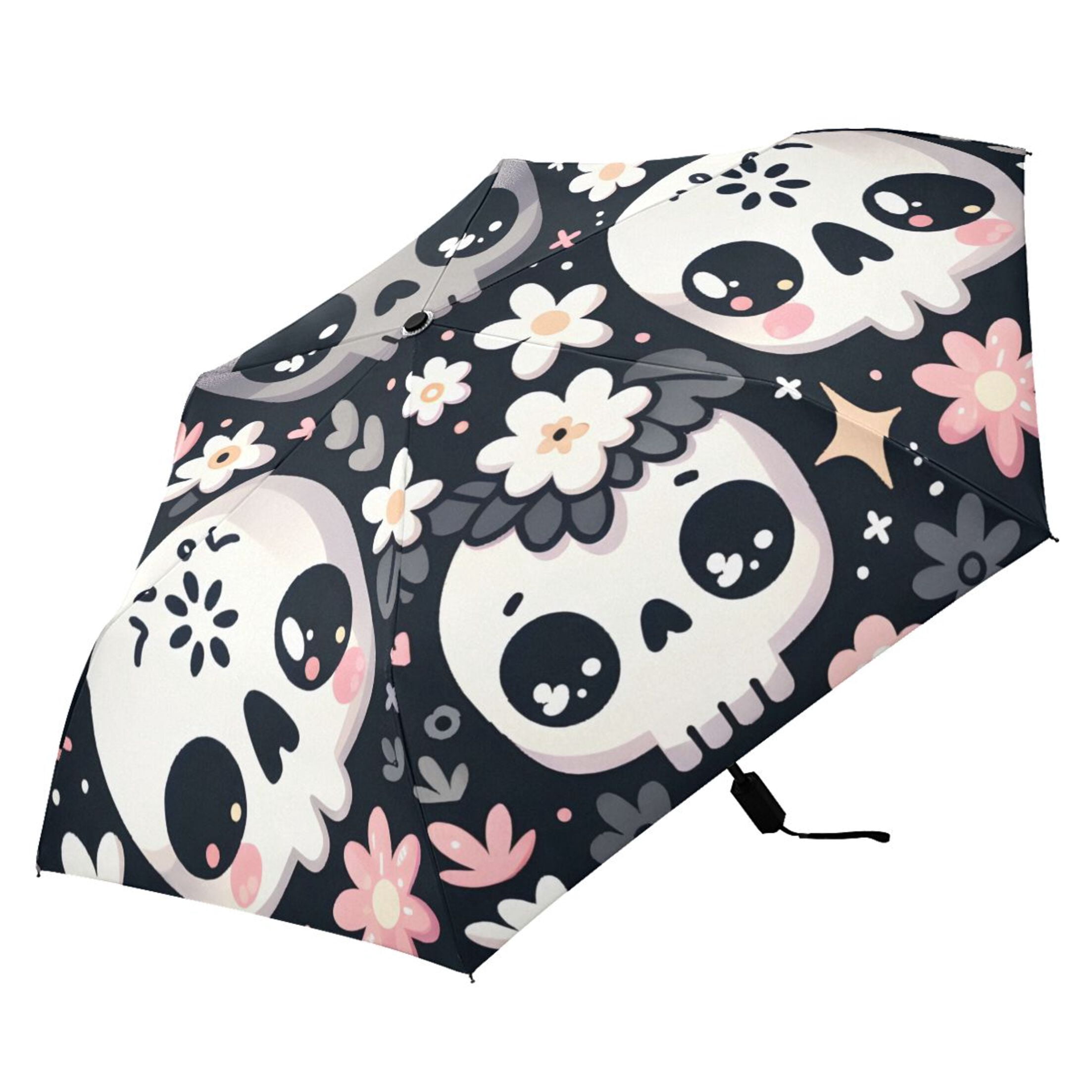 Funny Skull with Flower Compact Sun Umbrella Windproof Travel Umbrellas for Rain Strong Portable UV Protection