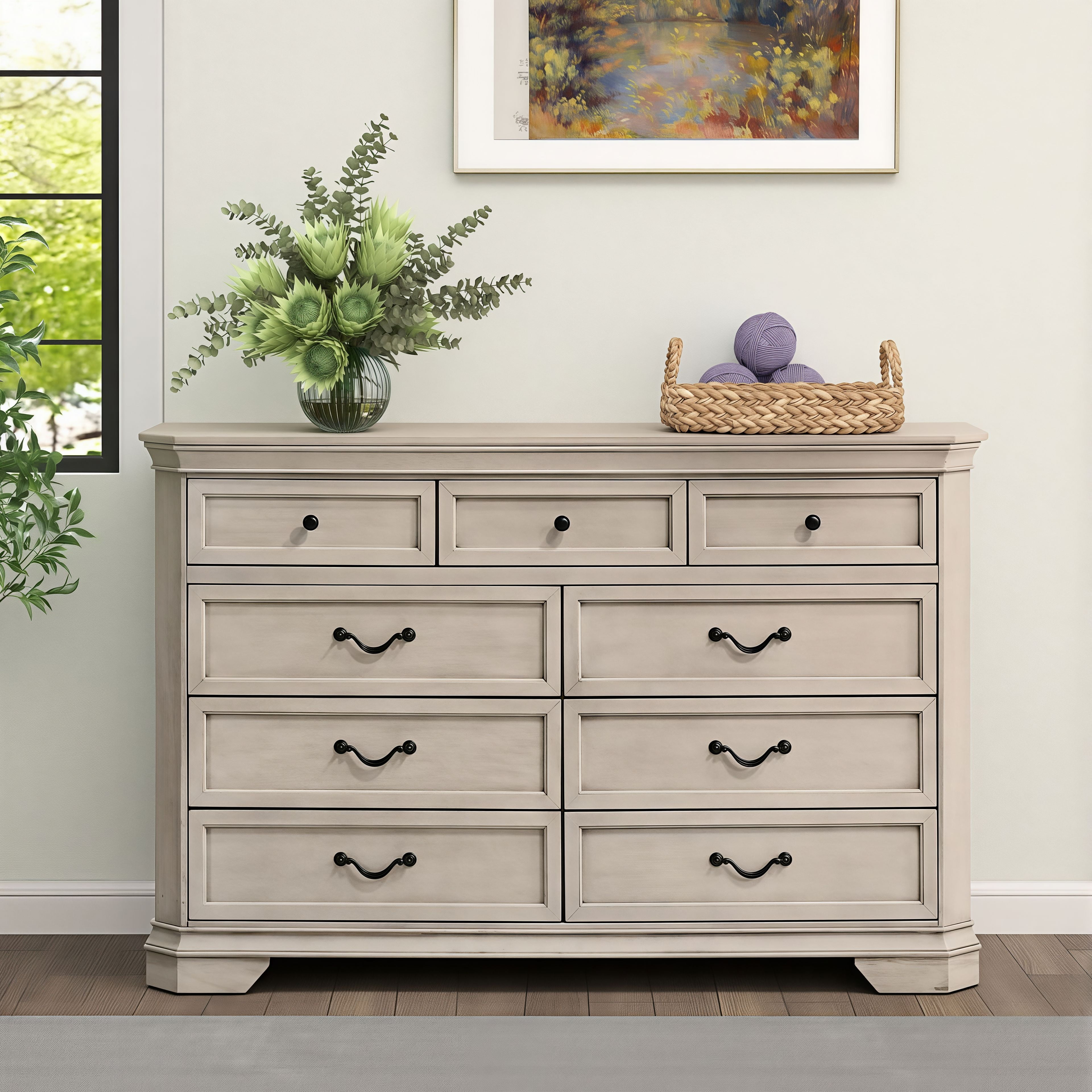 Roundhill Furniture Maderne Wood 7-Drawer Dresser, Antique White Finish