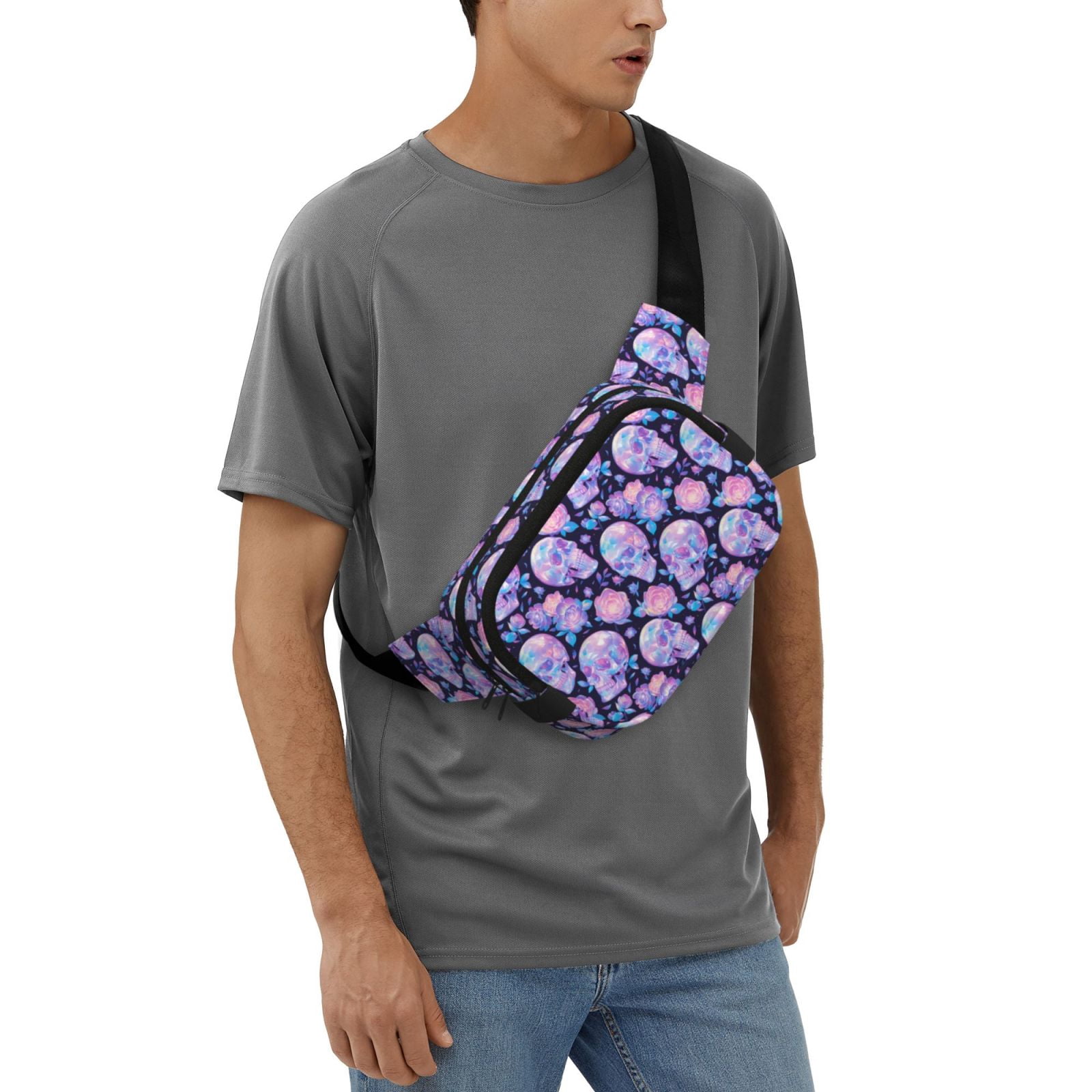 Picia crystal Skull flower Print Square Double-Layer Waist Bag Mini Adjustable Waist Belt Bag Exercise Running Travel Hiking