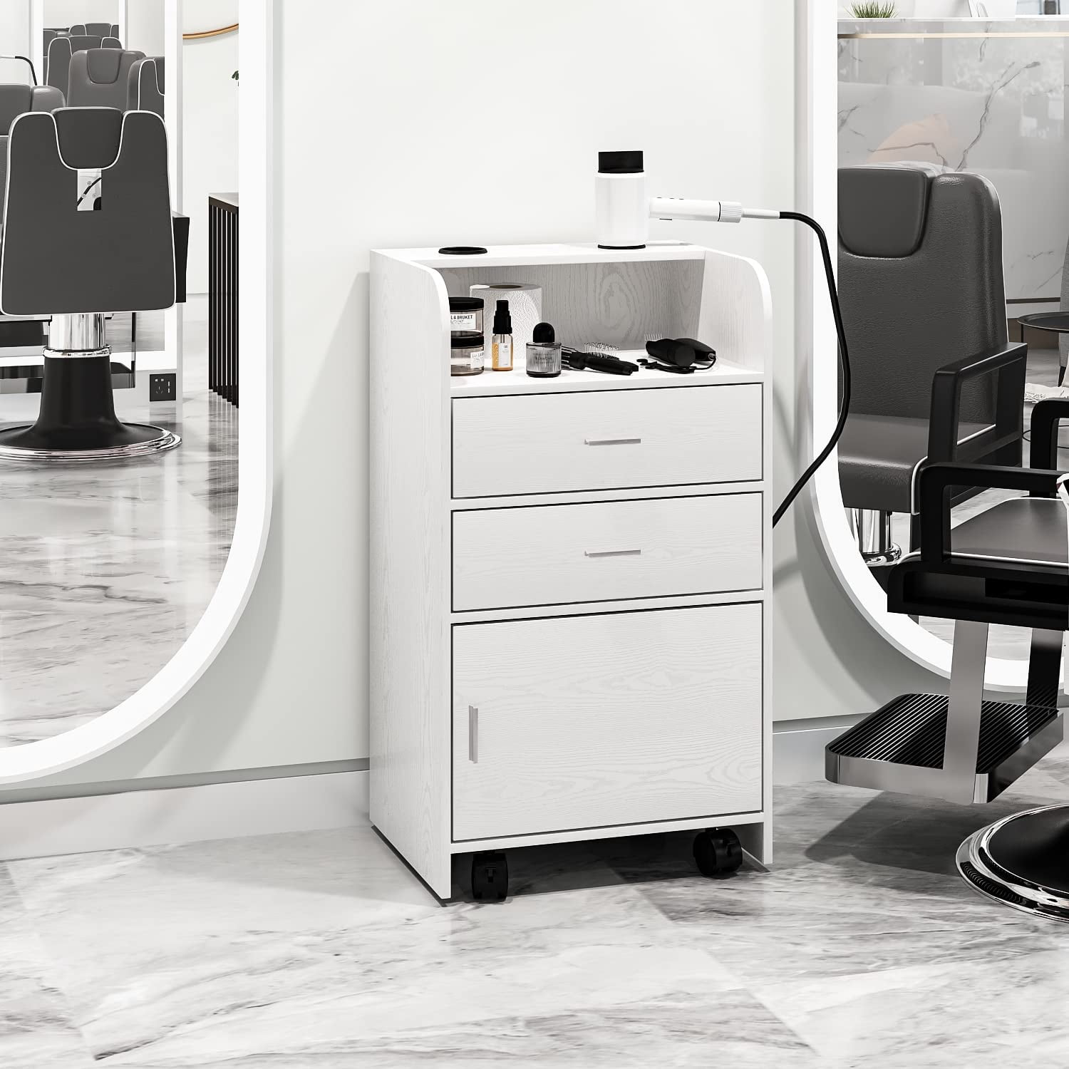 Catrimown Salon Station, Storage Cabinet with 2 Drawers & Large Cabinet, White