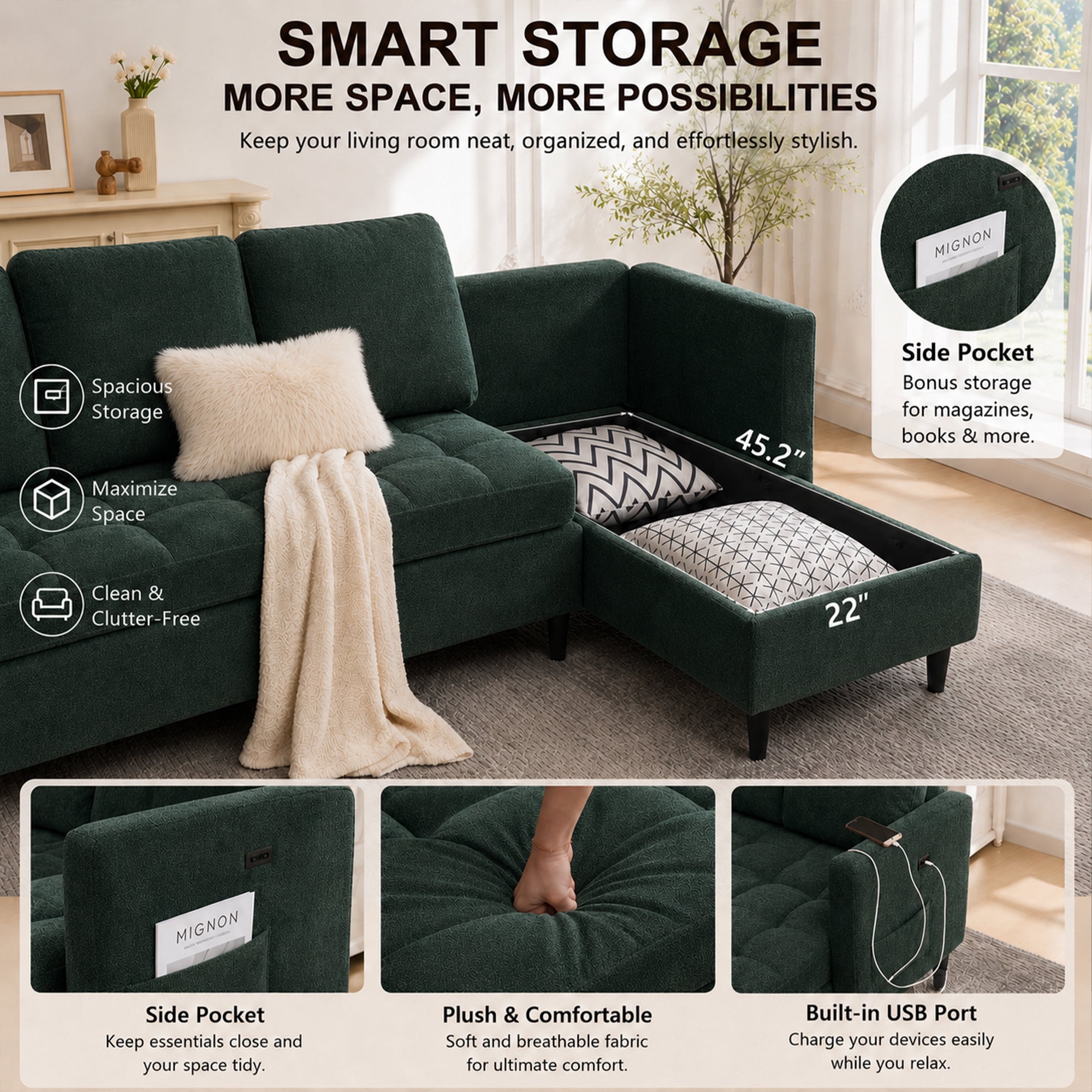 77.6" 4-in-1 L-Shaped Sectional Sleeper Sofa, Chenille Modular Couch with Storage Chaise, Usb/Type-C Ports & Side Pocket, Dark Green