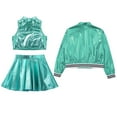 thumbnail image 4 of TiaoBug 3Pcs Girls Metallic Hip Hop Jazz Dance Performance Outfits Shiny Crop Top Bomber Jacket Skirt Set Lake Blue 10, 4 of 5