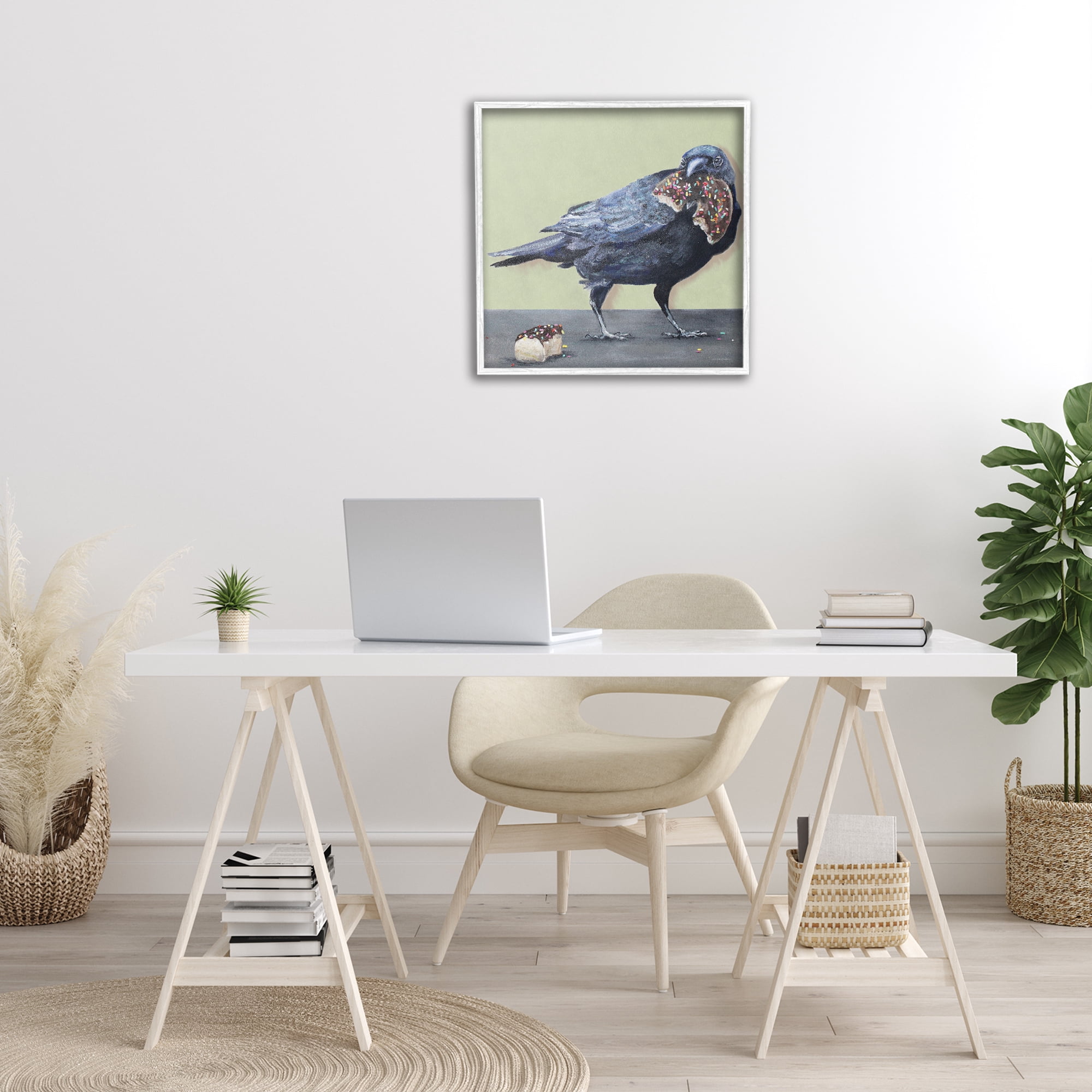 Stupell Industries Crow Eating Donut Food & Beverage Painting White Framed Art Print Wall Art, 24 x 24