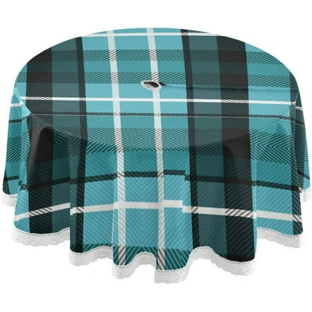 

SKYSONIC Black Blue Plaid Stripe Outdoor Round Tablecloth Waterproof Stain-Resistant Non-Slip Circular Tablecloth 60 Inch with Umbrella Hole and Zipper for Tabletop Backyard Party BBQ Decor
