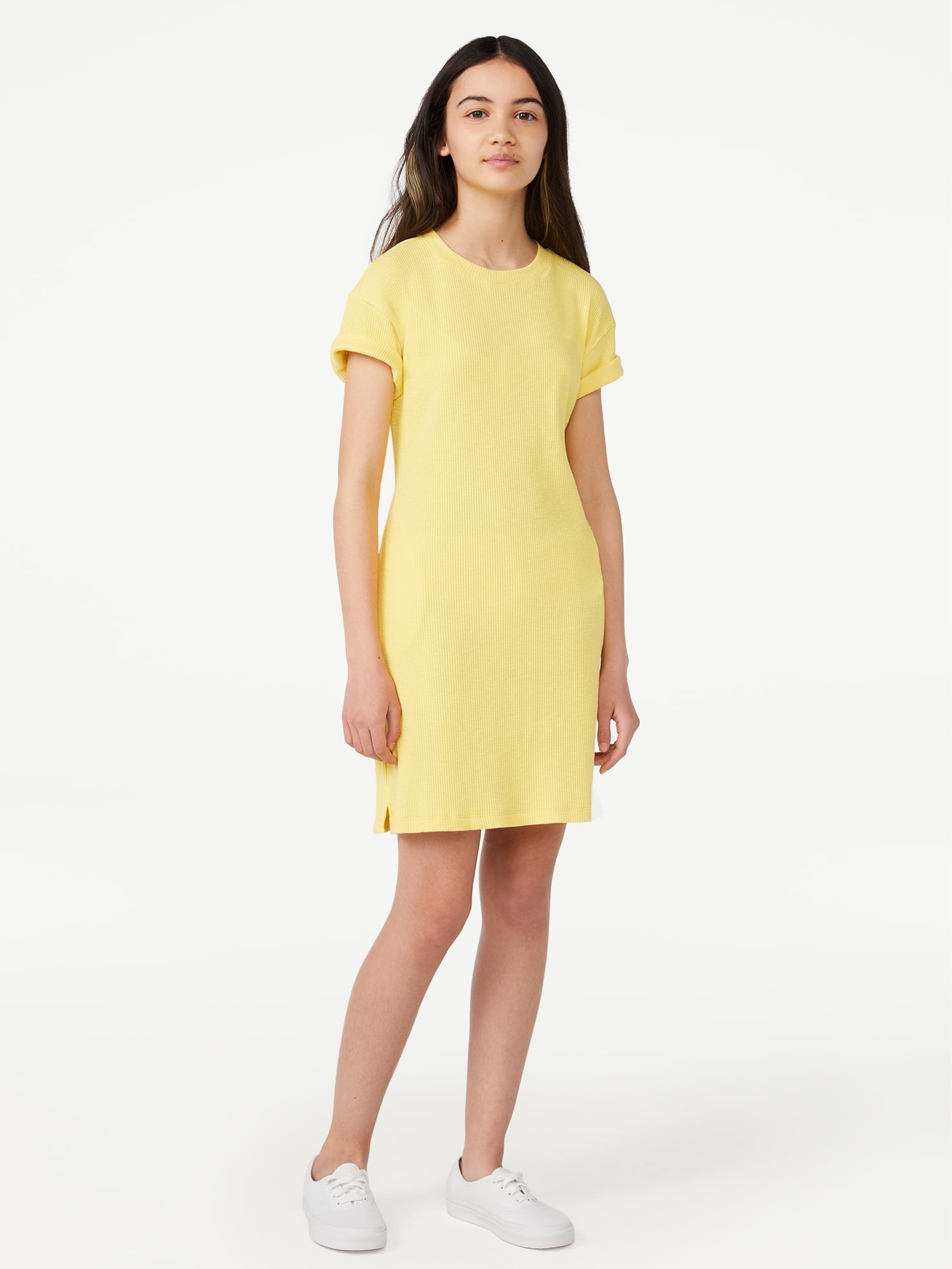 Free Assembly Girls Rib Knit T-Shirt Dress with Open Back Detail, Sizes 4-18, Girl's, Size: XXL (18), Yellow