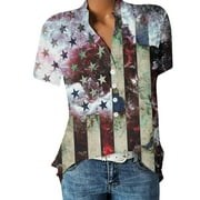 TQWQT 4th of July Tops for Women 2023 Trendy Casual Short Sleeve T- Shirts V Neck Button Up Tunic Tops Summer American Flag Blouse Henley Shirt,White L