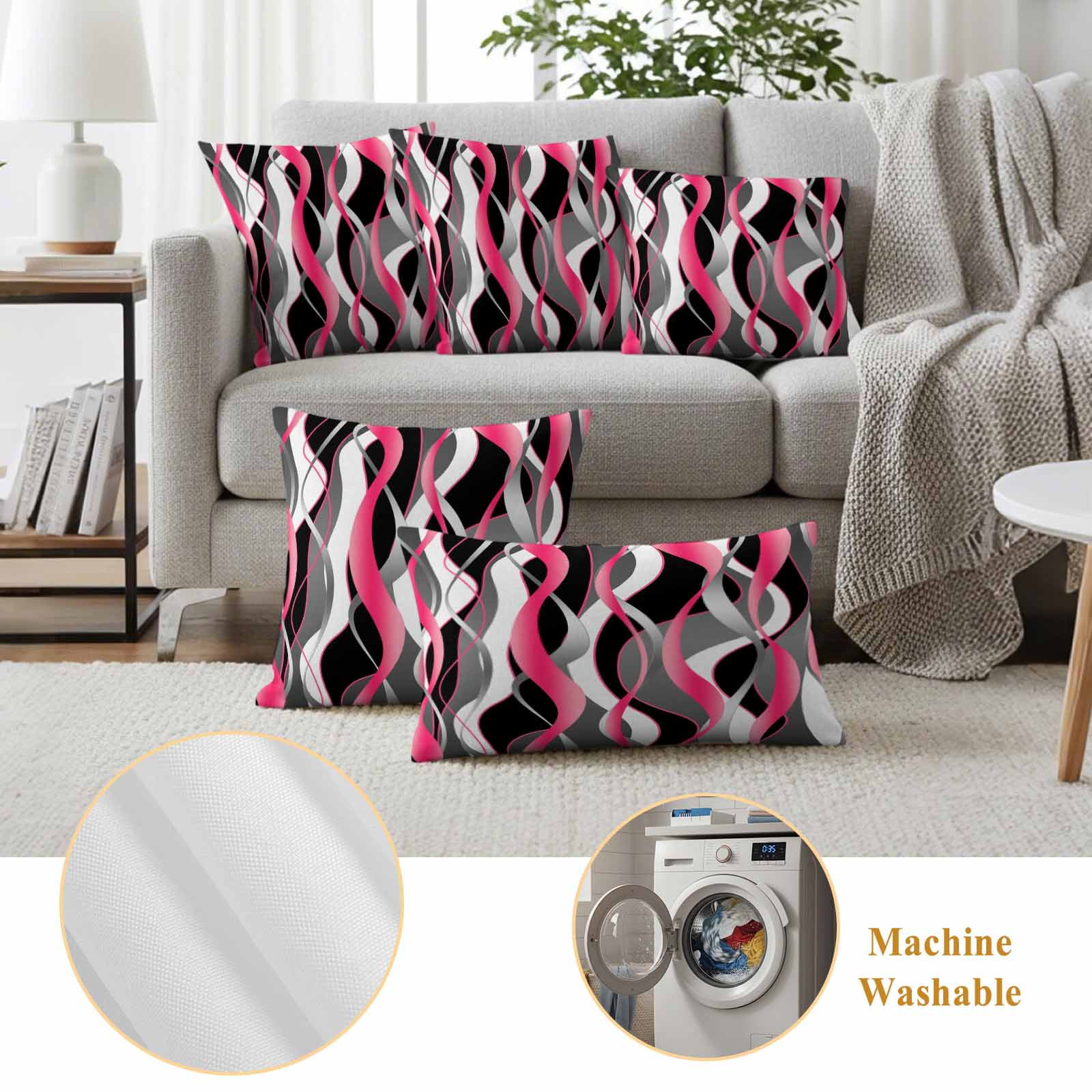 Pink Stripe Outdoor Waterproof Pillow Covers, Gradient Grey Moire Geometric Modern Abstract Decorative Square Throw Pillowcase Sofa Cushion Sham for Patio/Couch/Chair, 16"x16" 2 Pack