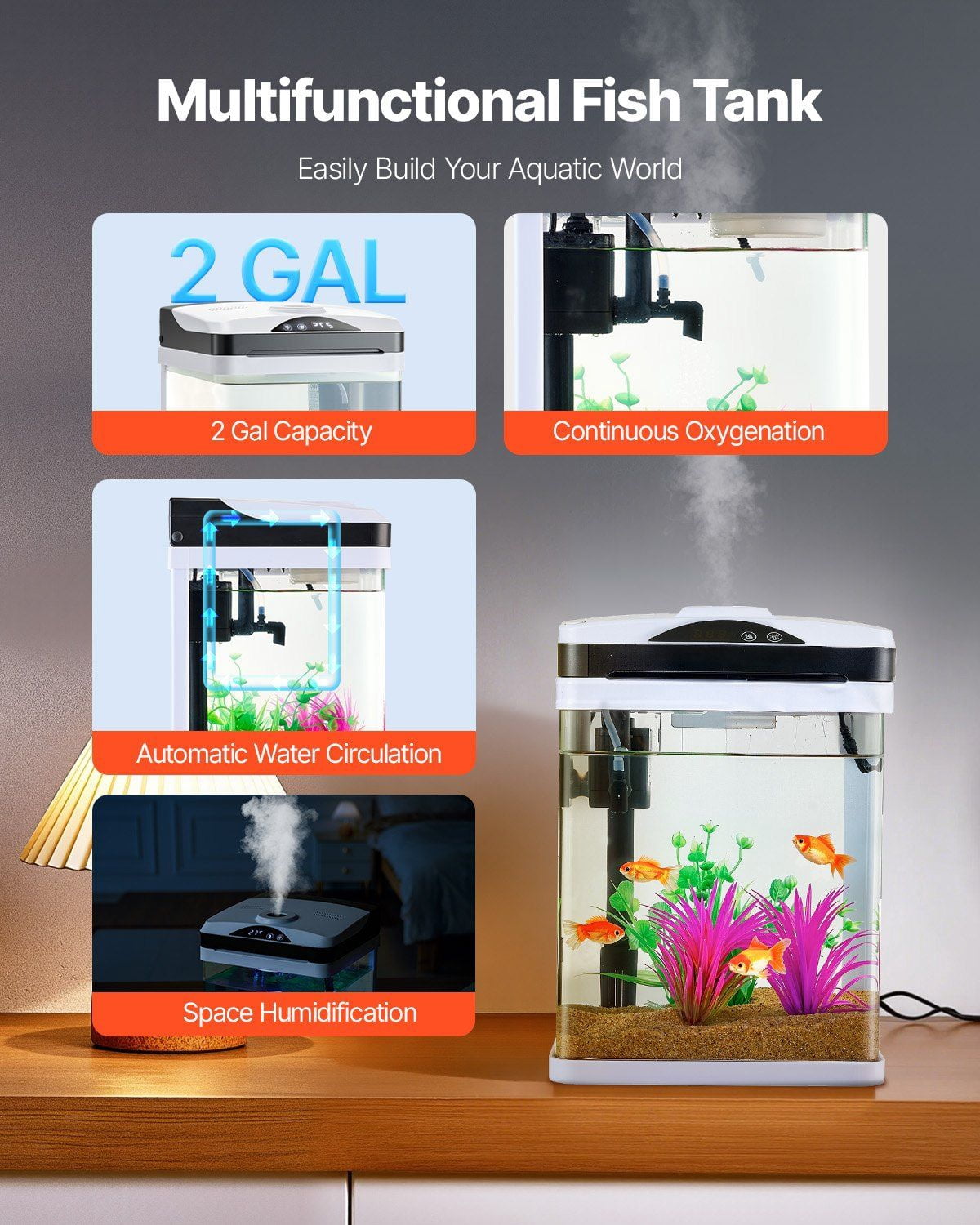 2 Gallon Fish Tank Aquarium LED Smart Square Clear Glass Aquarium with 7 Color Lighting, Self-Cleaning Filtration, Oxygenation, Water Circulation, Low-Noise Pump, High Definition Glass, for Beginners