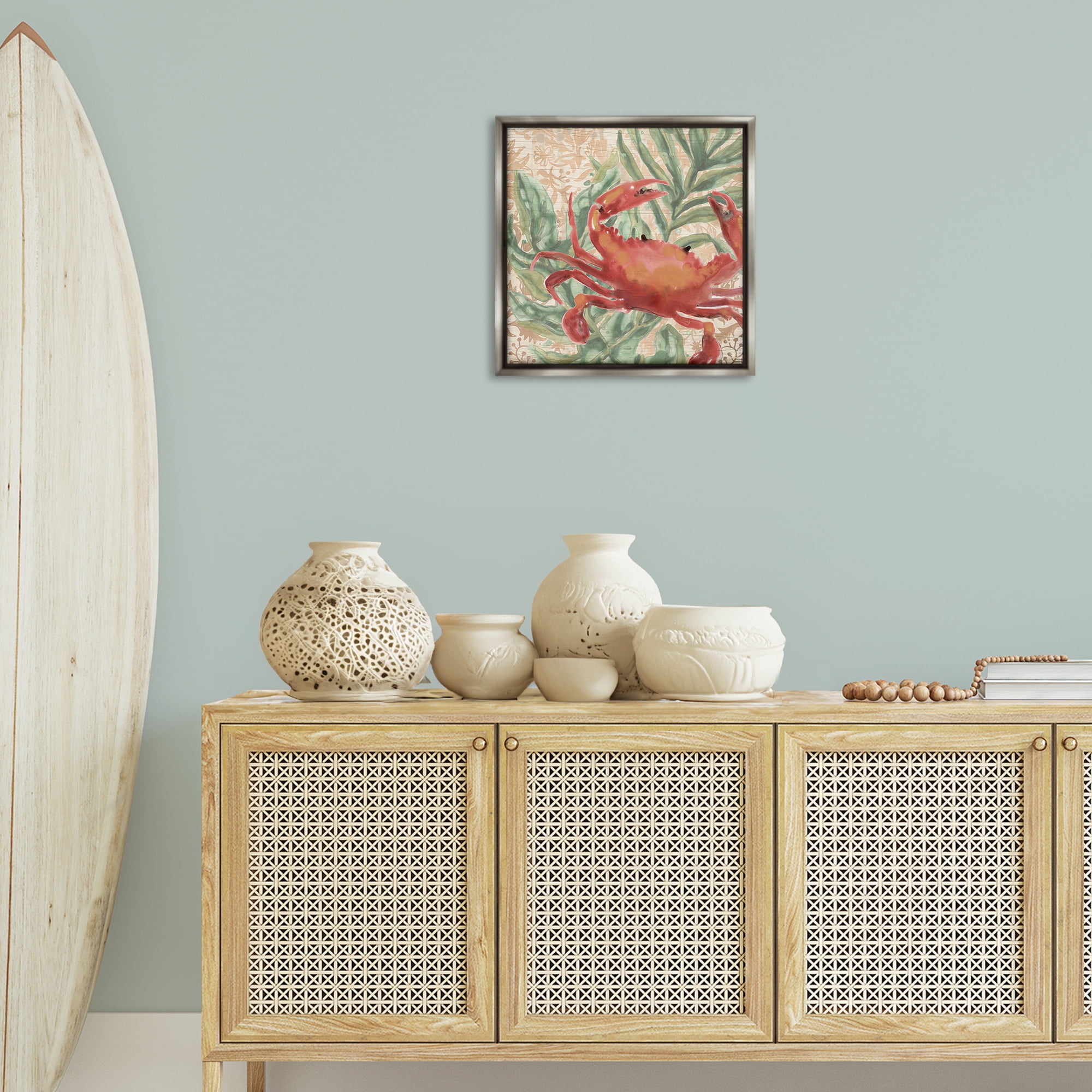 Stupell Industries Crab on Palm Leaves Animals & Insects Painting Gray Floater Framed Canvas Art Print Wall Art, 18 x 18